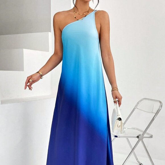 Blue Casual Womens Ombre One Shoulder Maxi Dress - Picture 4 of 5